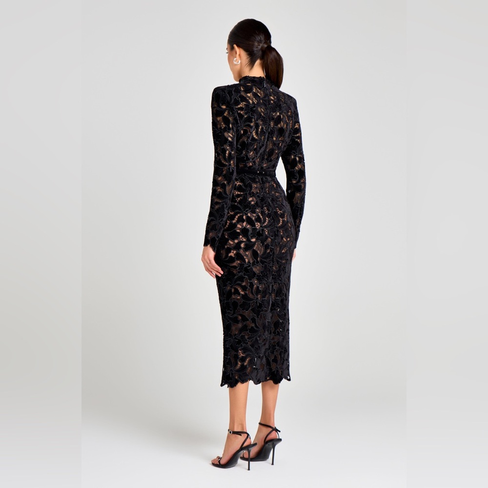 NADINE MERABI Diane Black Velvet Embroidered Midi Dress Sz XS (2) MSRP $545 NWT - Picture 3 of 12